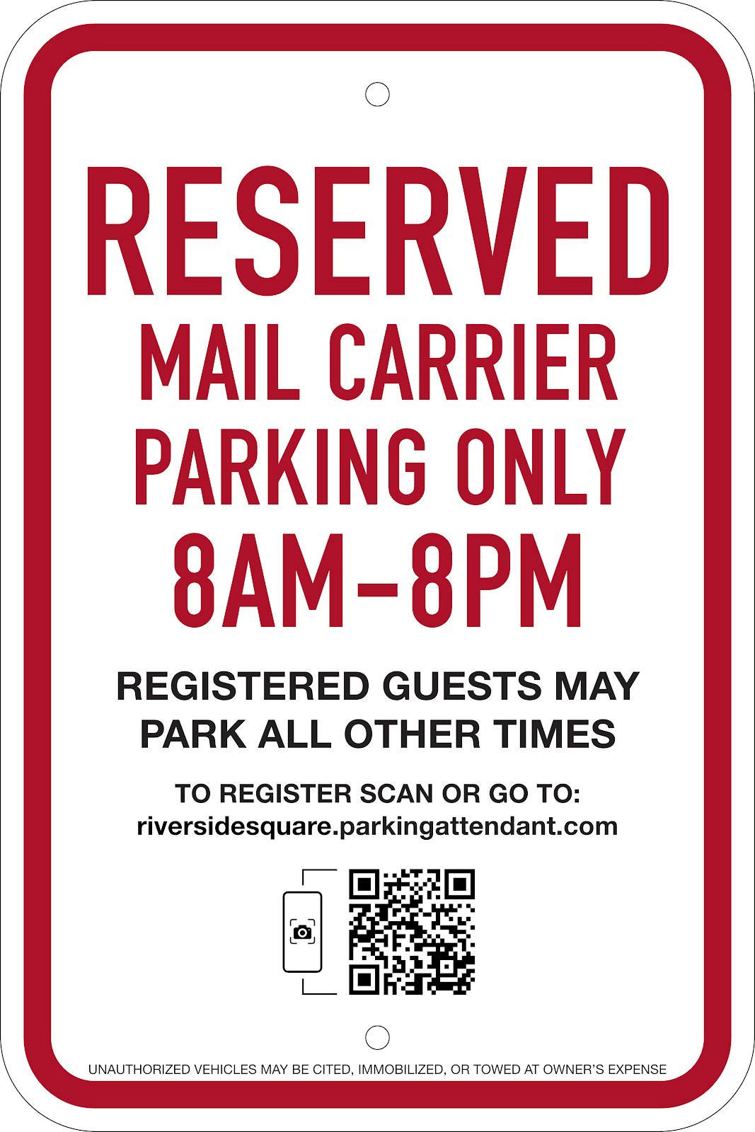 Reserved Mail Carrier Parking Sign, 12X18